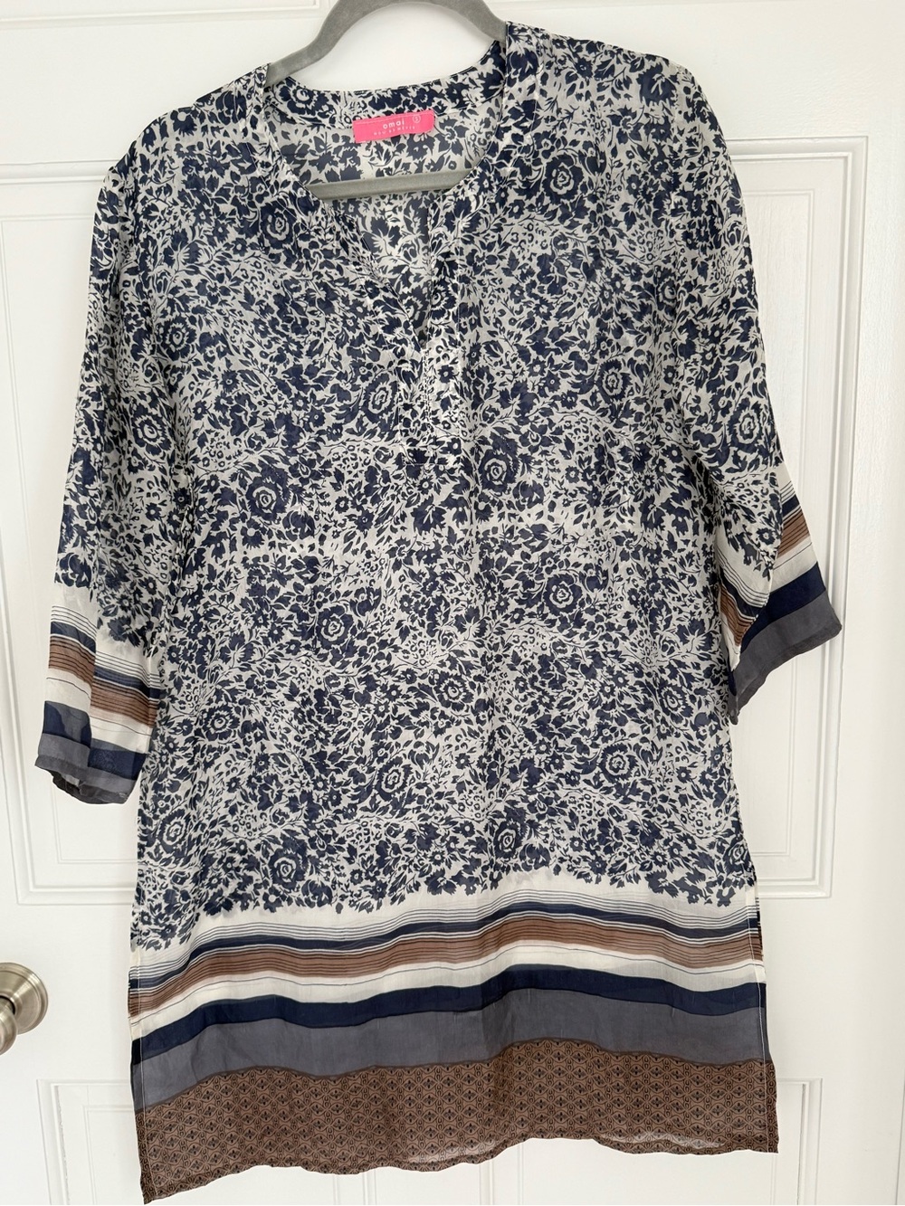 Navy Floral V-Neck Tunic with Stripe Hem